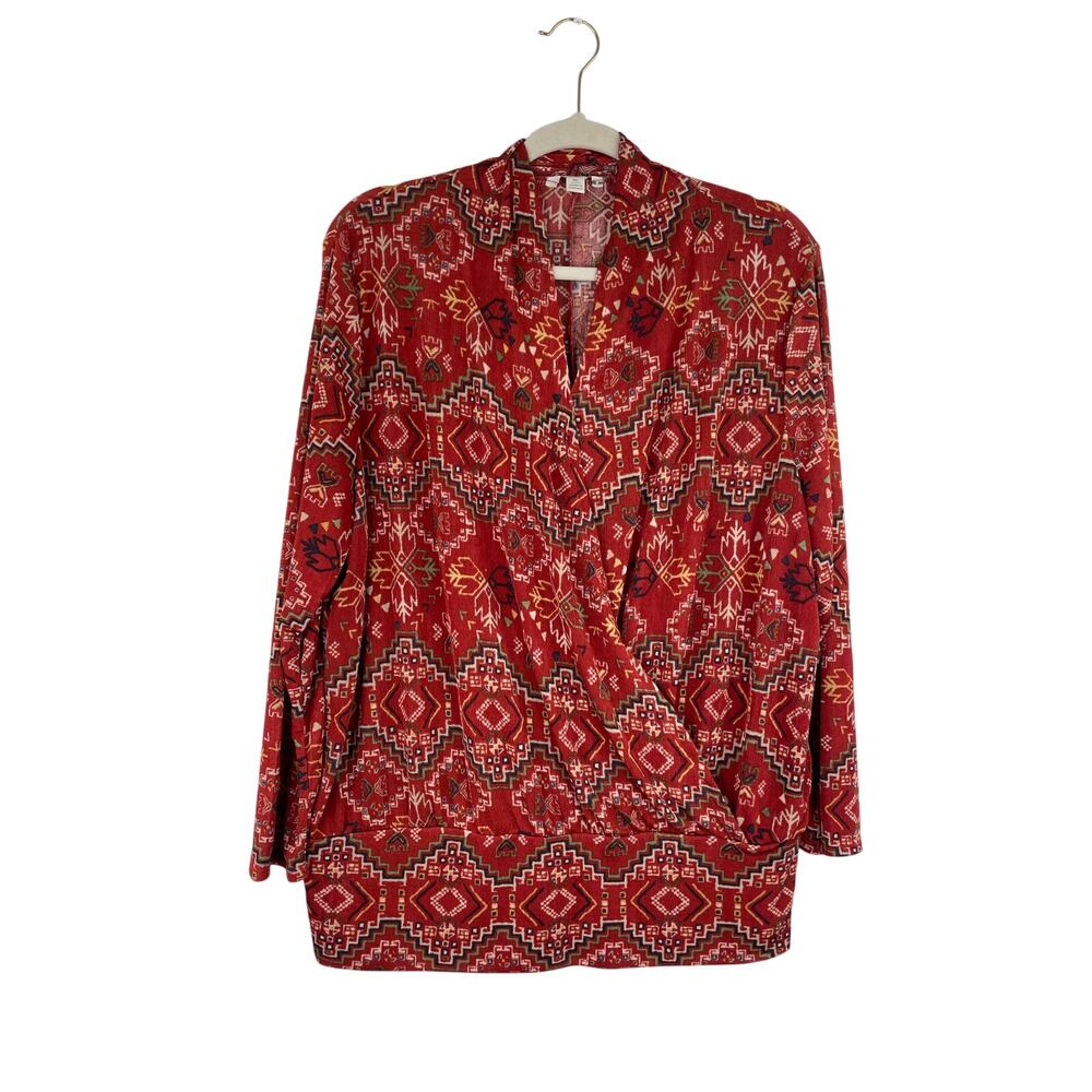 CATO Slinky Stretchy Knit Faux Wrap Bohemian Blouse XL Semi-Sheer Career wear